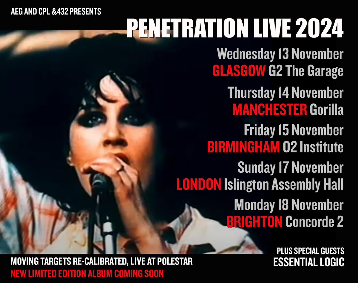 We are coming out to play. Tour starts on Wednesday.
See you there..
aegpresents.co.uk/event/penetrat…
Wednesday 13 Nov GLASGOW G2, Garage
Thursday 14 Nov MANCHESTER Gorilla
Friday 15 NovBIRMINGHAM O2  Institute
Sunday 17 Nov LONDON Islington Assembly Hall
Monday 18 Nov BRIGHTON Concorde 2