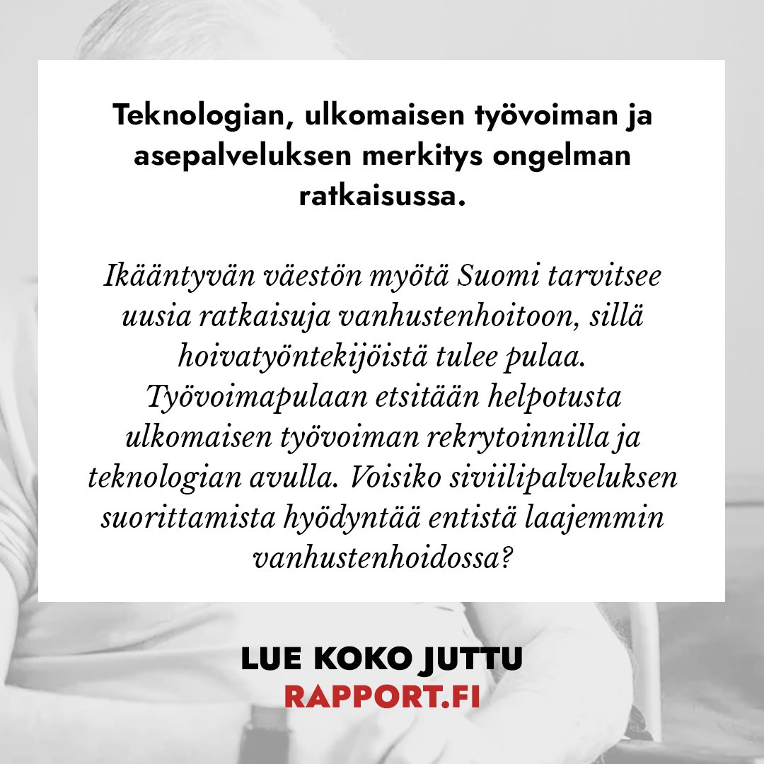 RapportFI's tweet photo. ⁉️ Kuinka ihmeessä sote-järjestelmämme selviää yli 85-vuotiaiden monisairaiden määrän tuplaantumisesta vuoteen 2040 mennessä?

https://t.co/bKUkbvIxTg

#vanhustenhoito #hoitotyö https://t.co/5GD4YuNwkd