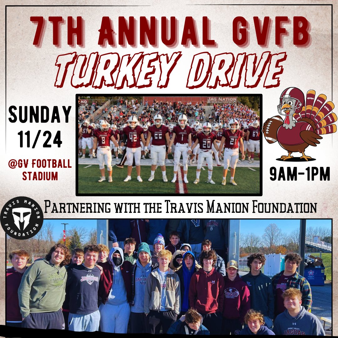 Garnet Valley Football (@garnetvalleyfb) on Twitter photo The 7th Annual GVFB Turkey Drive will occur on Sunday, November 24th from 9 AM to 1 PM at the GVHS Stadium Parking Lot! We can use all the support to help families in need! Thank you to <a href="/TMFoundation/">Travis Manion Foundation</a>, <a href="/Jimmywhiteiv1/">Jimmywhiteiv</a>, and <a href="/Coach_Wrez/">Dave Wrzesniewski</a> for making this event happen! The 7th Annual GVFB Turkey Drive will occur on Sunday, November 24th from 9 AM to 1 PM at the GVHS Stadium Parking Lot! We can use all the support to help families in need! Thank you to <a href="/TMFoundation/">Travis Manion Foundation</a>, <a href="/Jimmywhiteiv1/">Jimmywhiteiv</a>, and <a href="/Coach_Wrez/">Dave Wrzesniewski</a> for making this event happen!