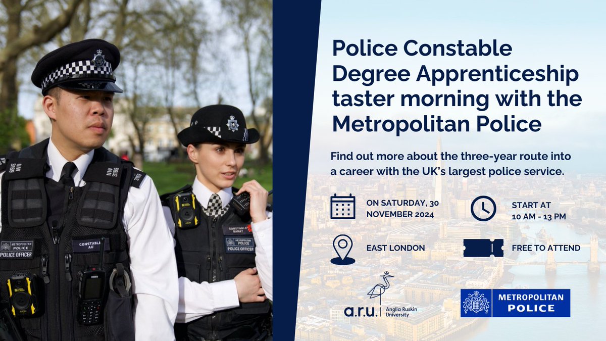 Degrees at Work | Anglia Ruskin University (@degreesatwork) on Twitter photo Thinking about a career in policing? Join @angliaruskin for a #Police Constable #DegreeApprenticeship taster morning with the <a href="/metpoliceuk/">Metropolitan Police</a>. Get hands-on experience, meet the team, & explore the path to becoming a Police Constable. 📅30 Nov | ⏰ 10AM
👉 aru.li/4fizJHR Thinking about a career in policing? Join @angliaruskin for a #Police Constable #DegreeApprenticeship taster morning with the <a href="/metpoliceuk/">Metropolitan Police</a>. Get hands-on experience, meet the team, & explore the path to becoming a Police Constable. 📅30 Nov | ⏰ 10AM
👉 aru.li/4fizJHR