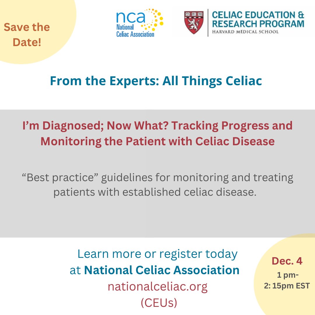 Center for Celiac Research and Treatment (@celiacresearch) on Twitter photo Save the date for our next All Things Celiac expert webinar on Dec. 4th. #celiacdisease #coeliac #celiaca. Our free webinars are sponsored by @NationalCeliac and <a href="/harvardmed/">Harvard Medical School</a> and include a Q & A. Why wait? Register now! #CEUs #MedEd #GITwitter
👉nationalceliac.org/videos/ Save the date for our next All Things Celiac expert webinar on Dec. 4th. #celiacdisease #coeliac #celiaca. Our free webinars are sponsored by @NationalCeliac and <a href="/harvardmed/">Harvard Medical School</a> and include a Q & A. Why wait? Register now! #CEUs #MedEd #GITwitter
👉nationalceliac.org/videos/