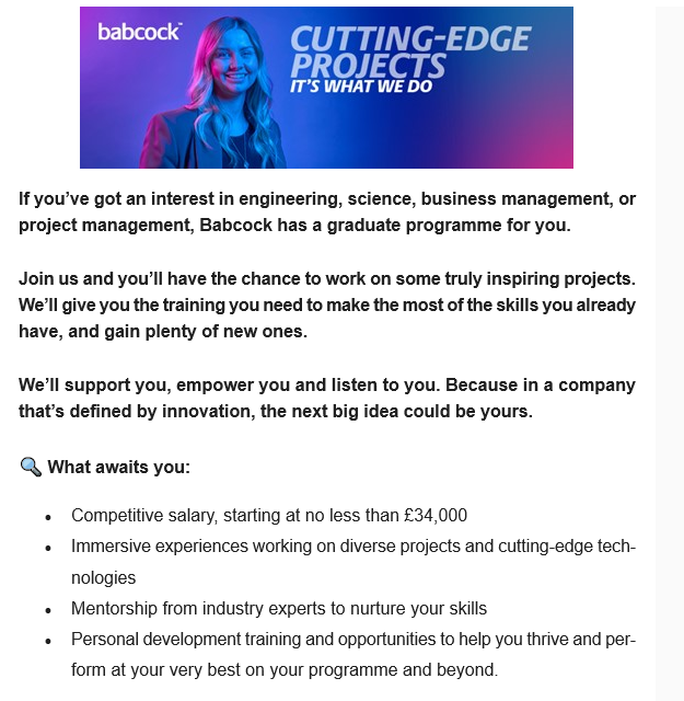 What could you do with a #Babcock graduate opportunity? Apply now, start Autumn 2025 
tinyurl.com/3p6z7cmm