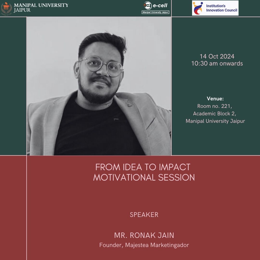 ecellmuj's tweet photo. 💡 From Idea to Impact - Ready to make a difference?

Join 14 Oct 2024 | 10:30 AM
"From Idea to Impact" motivational session by Mr. Ronak Jain
📍 Room 221, Academic Block 2, Manipal University Jaipur https://t.co/dVtjECWwni