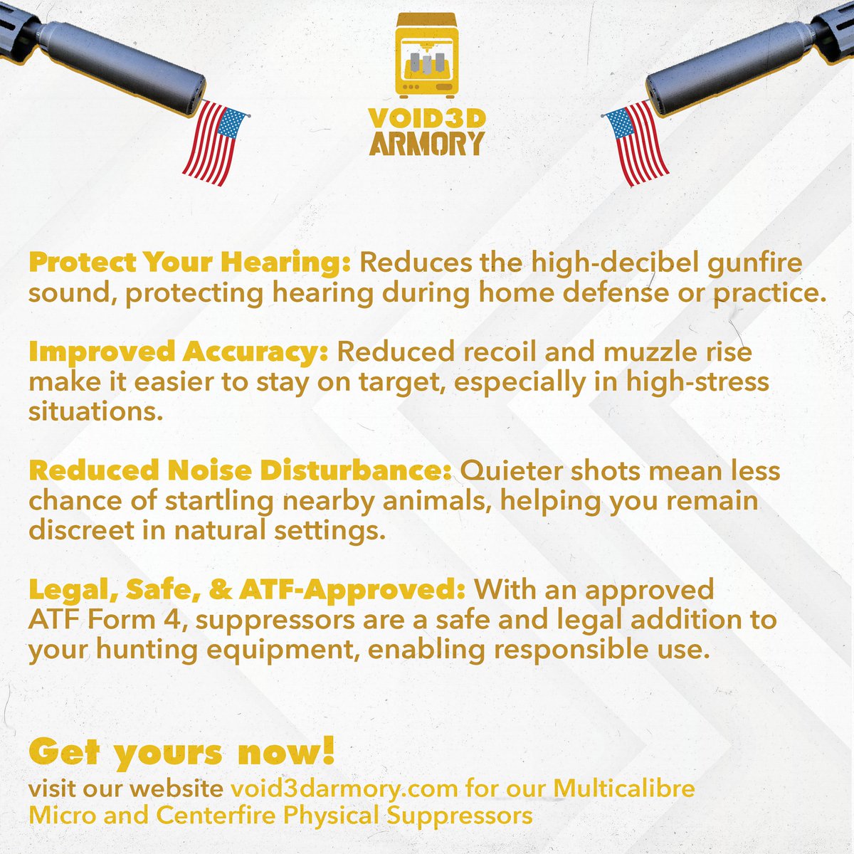 void3darmory's tweet image. Why consider a suppressor?

Enhance your shooting experience with our affordable suppressors. 

➡️ Multicalibre Micro Suppressor, Centerfire Suppressor and STL’s available at void3darmory.com and Defcad.

#MicroSupressor#CenterfireSuppressor #3DPrinted #FirearmTech