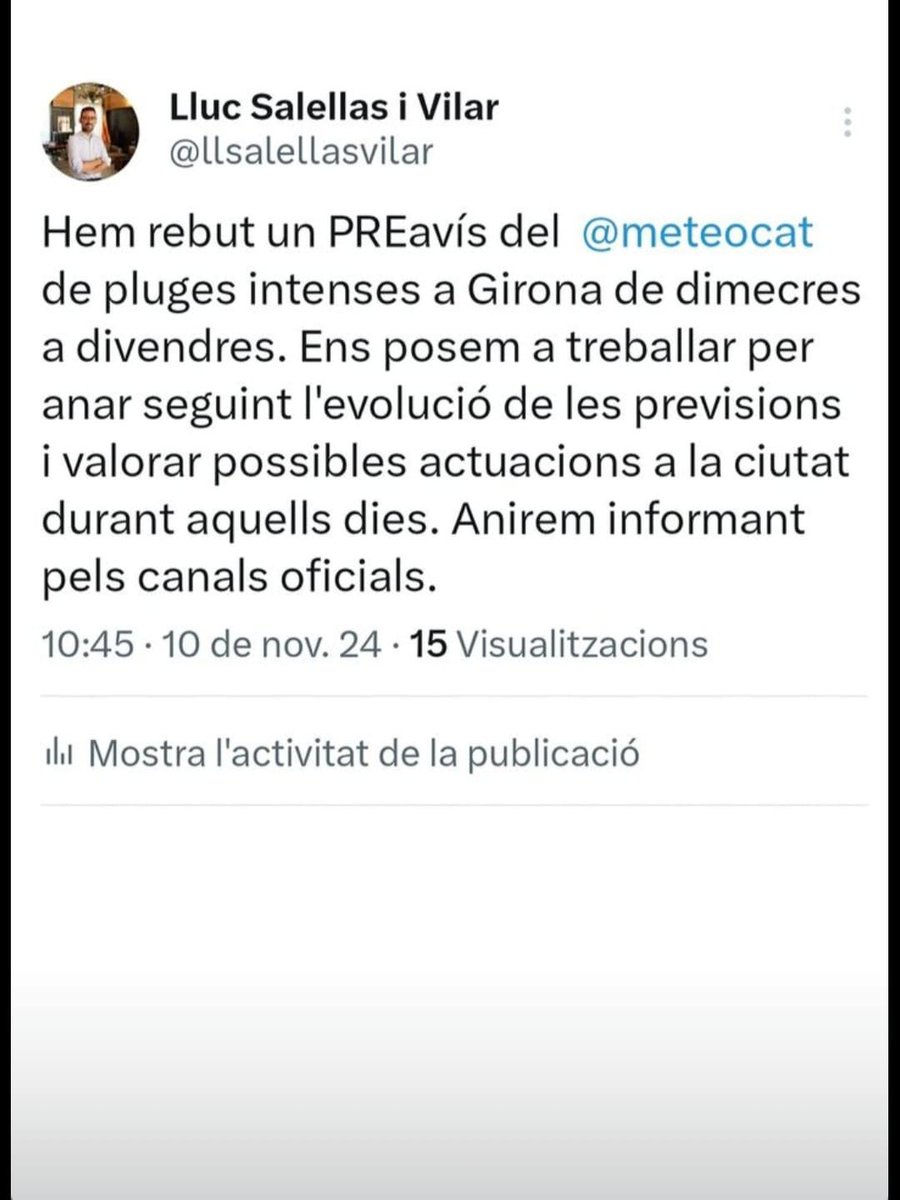 Bon moment per verificar que embornals, clavegueres i punts d'evacuació de l'aigua són nets, i evitar elements que puguin obstruir-los, tan a nivell de municipis com de particulars.

I sobre tot, prudència els propers dies. Millor passar-se de prudent que haver de lamentar.
