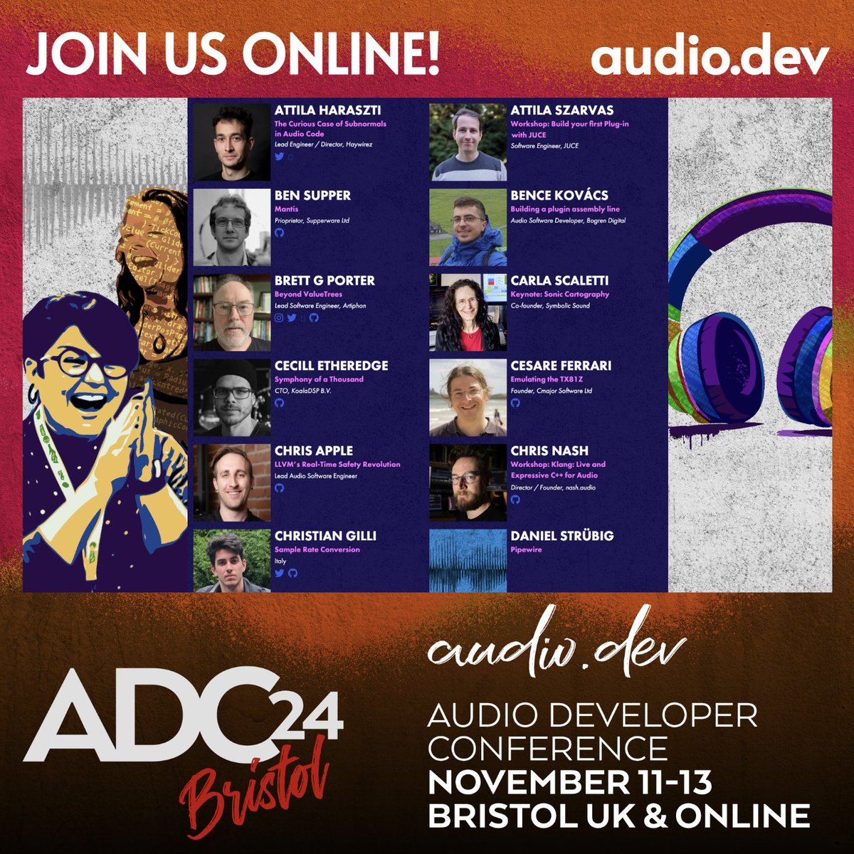 ADC24 starts today with workshops and ADCx talks.

Attend virtually from anywhere. Access all talks, keynotes, and workshops for on-demand viewing. 

11-13 Nov Bristol UK &amp; Online, Join Us!
audio.dev/tickets/ 

Schedule
audio.dev/adc24-schedule/

#audio #developer #programmer
