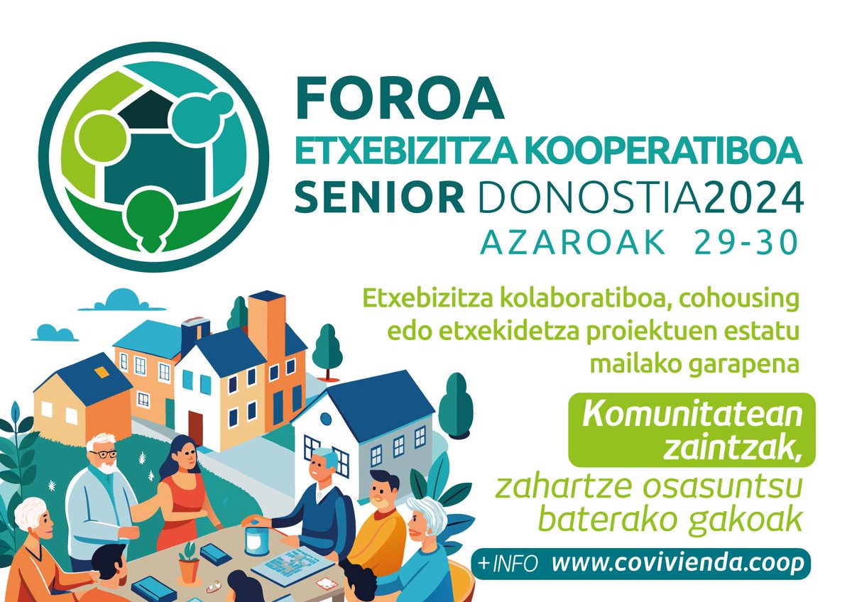 📣 Dagoeneko eman dezakezu izena: Estatuko Etxebizitza Kooperatibo Seniorren Foroa azaroaren 29 eta 30ean, ostirala eta larunbata, Donostian. 🏡 
Izena eman 👉🏽tinyurl.com/ForoViviendaCo… Bi egun etxebizitza aukera berriak eta askoz gehiago ezagutzeko!💫#etxebizitzaKooperatiboa