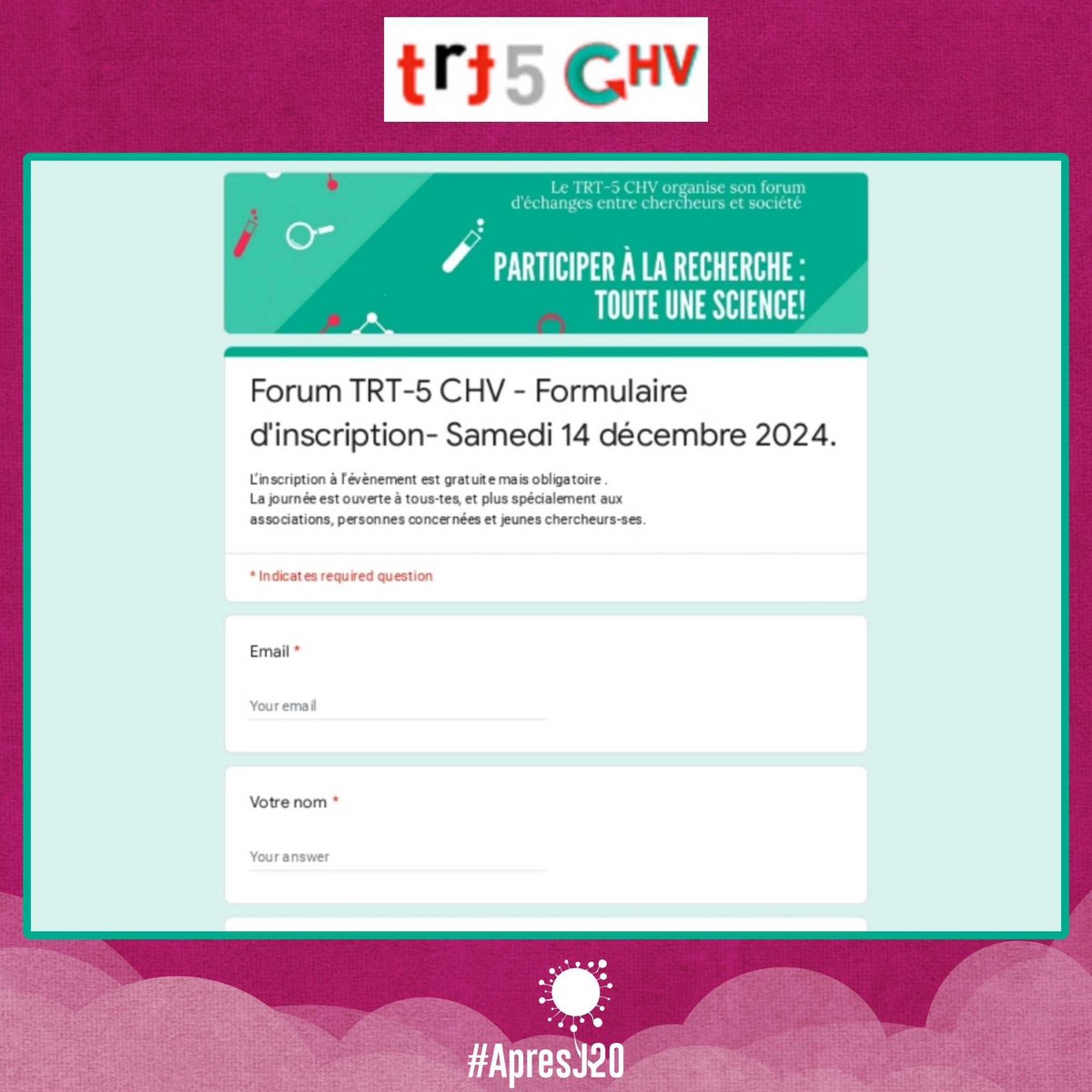 ⭐️"Participer à la recherche, toute une science !"⭐️

📢 Notre association participera au Forum d'échanges organisé par le collectif inter-associatif <a href="/CoordoTRT5/">TRT-5 CHV</a> sur la recherche participative.
 
📅13 et 14 décembre 
📍Paris 

#ApresJ20 #CovidLong

1/5