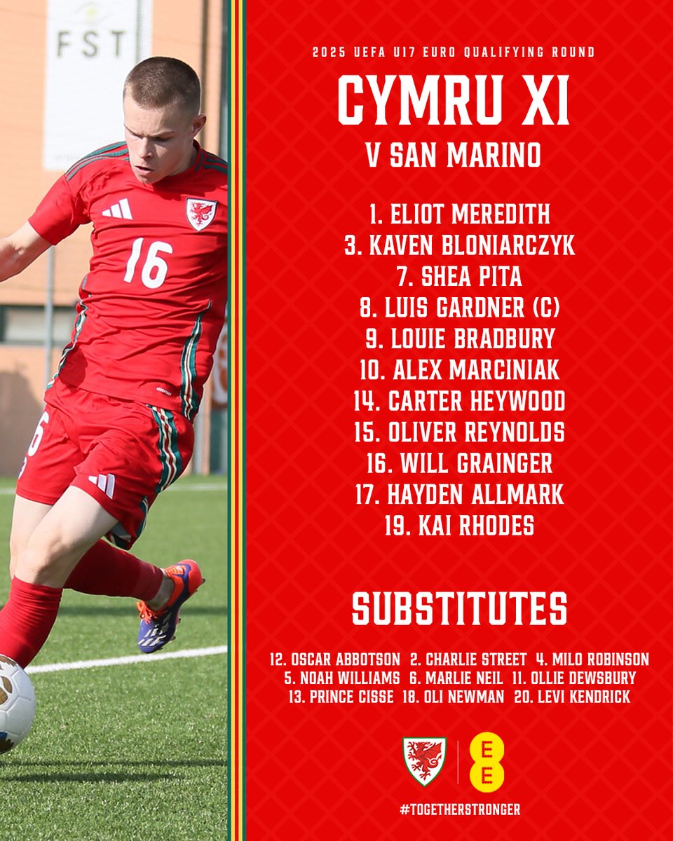 Cymru's tweet photo. CYMRU XI 🇸🇲🏴󠁧󠁢󠁷󠁬󠁳󠁿

The Cymru lineup for the final game of the #U17EURO Qualifying Round 👊

#TogetherStronger https://t.co/nbepwZRBtM