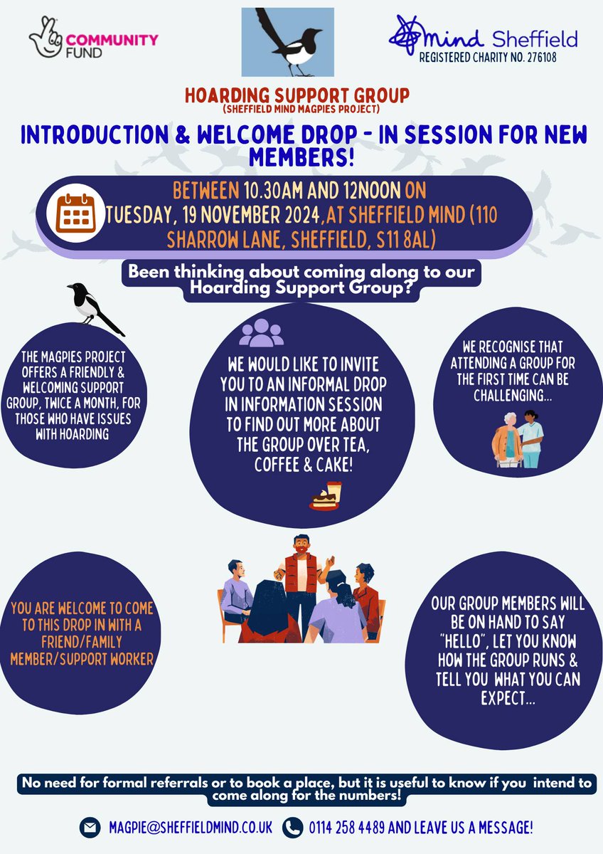 Join Sheffield Mind’s Hoarding Support Group Welcome Session! A supportive space for those dealing with hoarding.

📅 Tuesday, 19th November
🕥10:30 AM - 12 PM
📍 110 Sharrow Lane, Sheffield

No need to book! Drop them an email or message if you intend on going👇