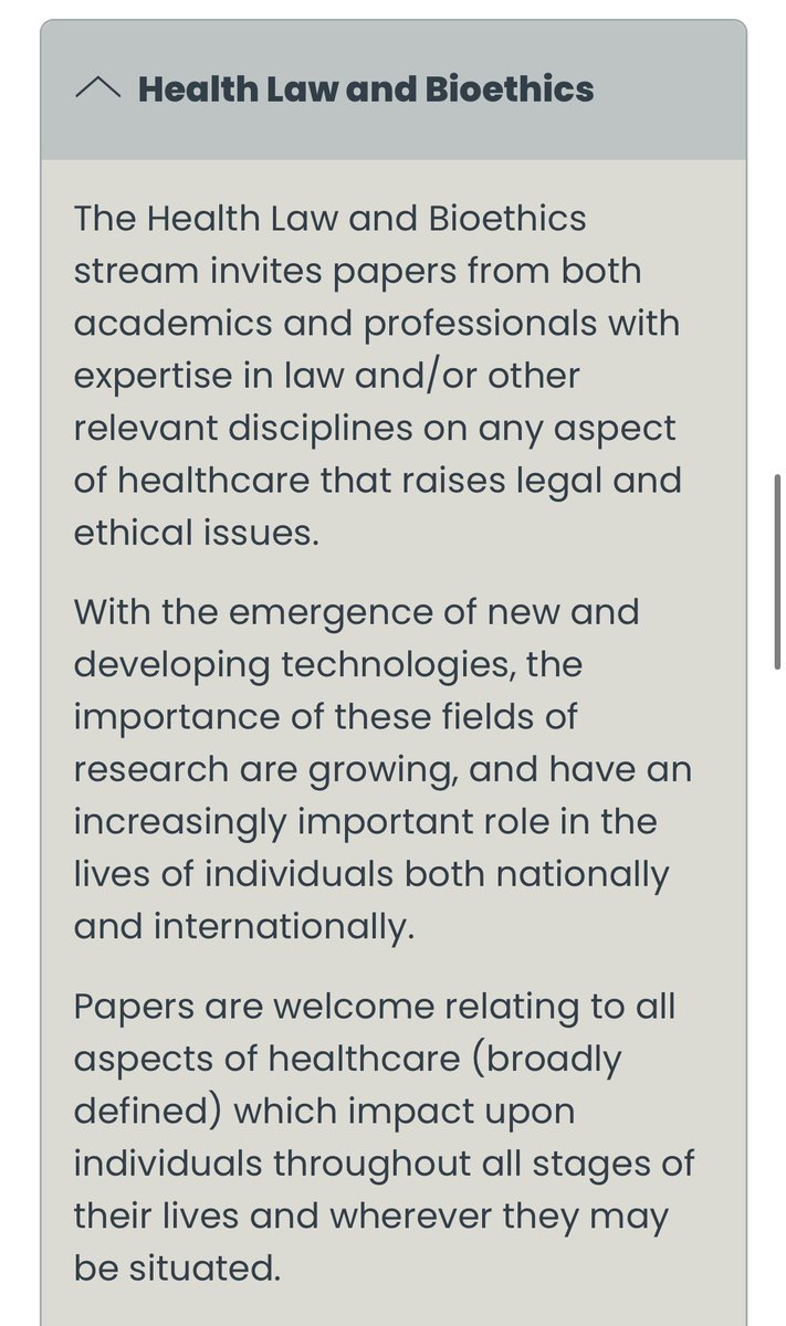 Registration is open for <a href="/SLSA_UK/">SLSA</a> 2025 so Health lawyers and bioethicists it’s time to submit your abstract to the Health Law and Bioethics stream! ✨ get in touch with me or <a href="/EHorowicz/">Ed Horowicz</a> if you want to hear more about the stream or discuss an idea ☺️ liverpool.ac.uk/law/slsa-2025/…