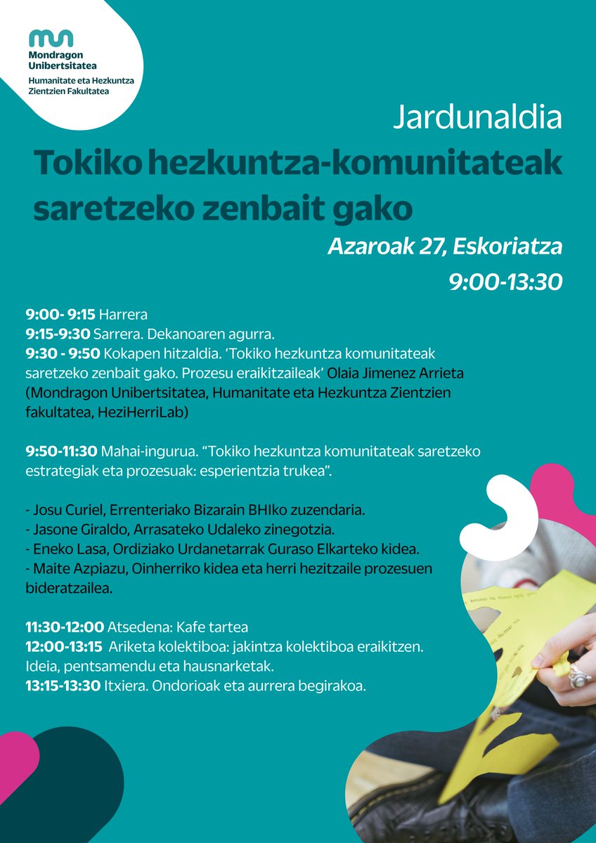 ‘Tokiko hezkuntza-komunitateak saretzeko zenbait gako’ jardunaldia antolatu dugu, tokiko hezkuntza-sareak sortzeko prozesuen erraztailetzan dabiltzan eragileekin hausnartzeko.  

📍#Eskoriatza 
📆 Azaroak 27 
👉🏼 Informazioa eta izen-ematea: ow.ly/GoEH50U15zW