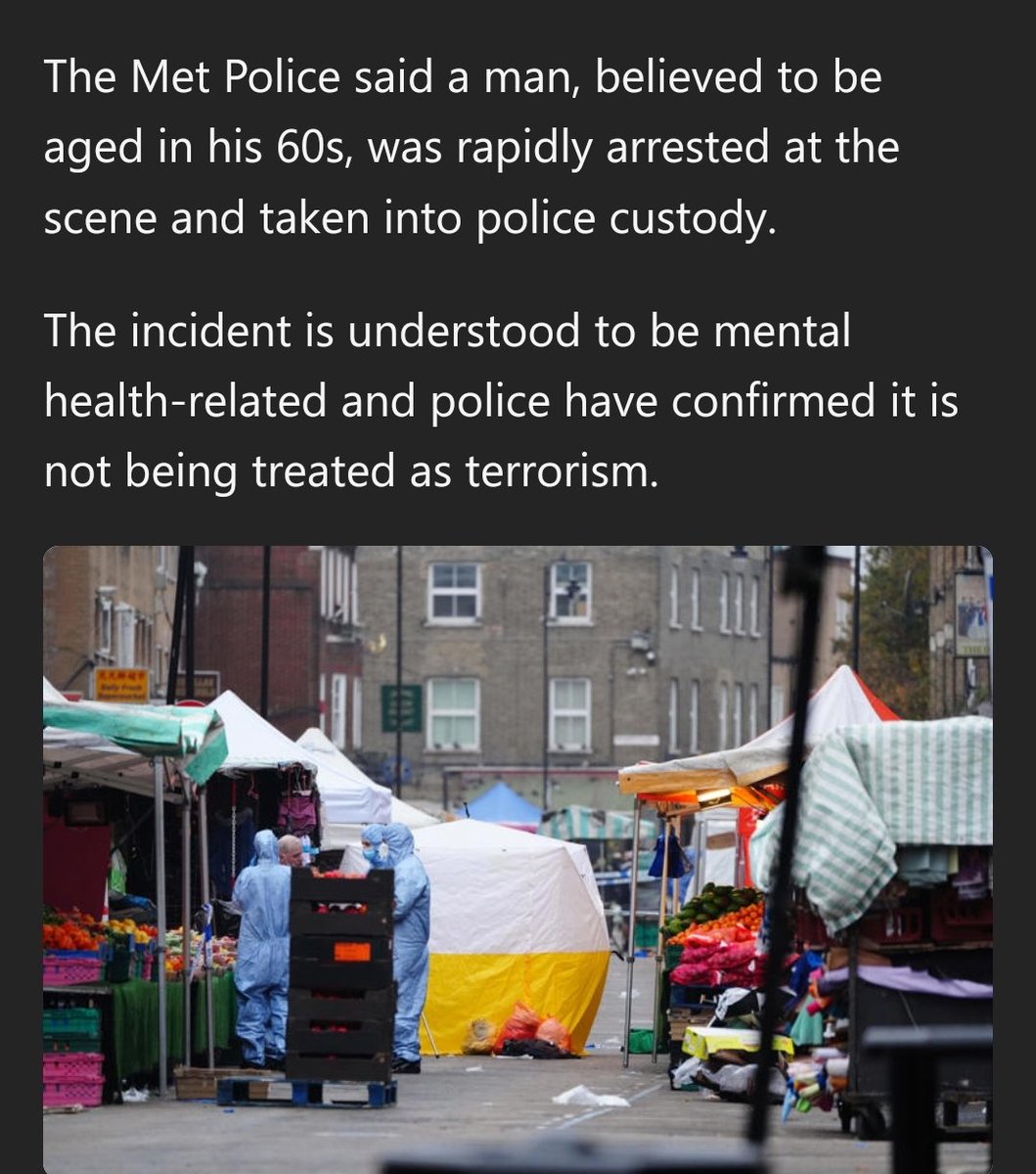 Triple stabbing in London with one man dead. The only description of the arrested attacker is that he's "in his 60s".

Funny how they don't yet have a motive, but they've ALREADY labelled it as "not being treated as Terrorism"

Oddly familiar, don't you think.