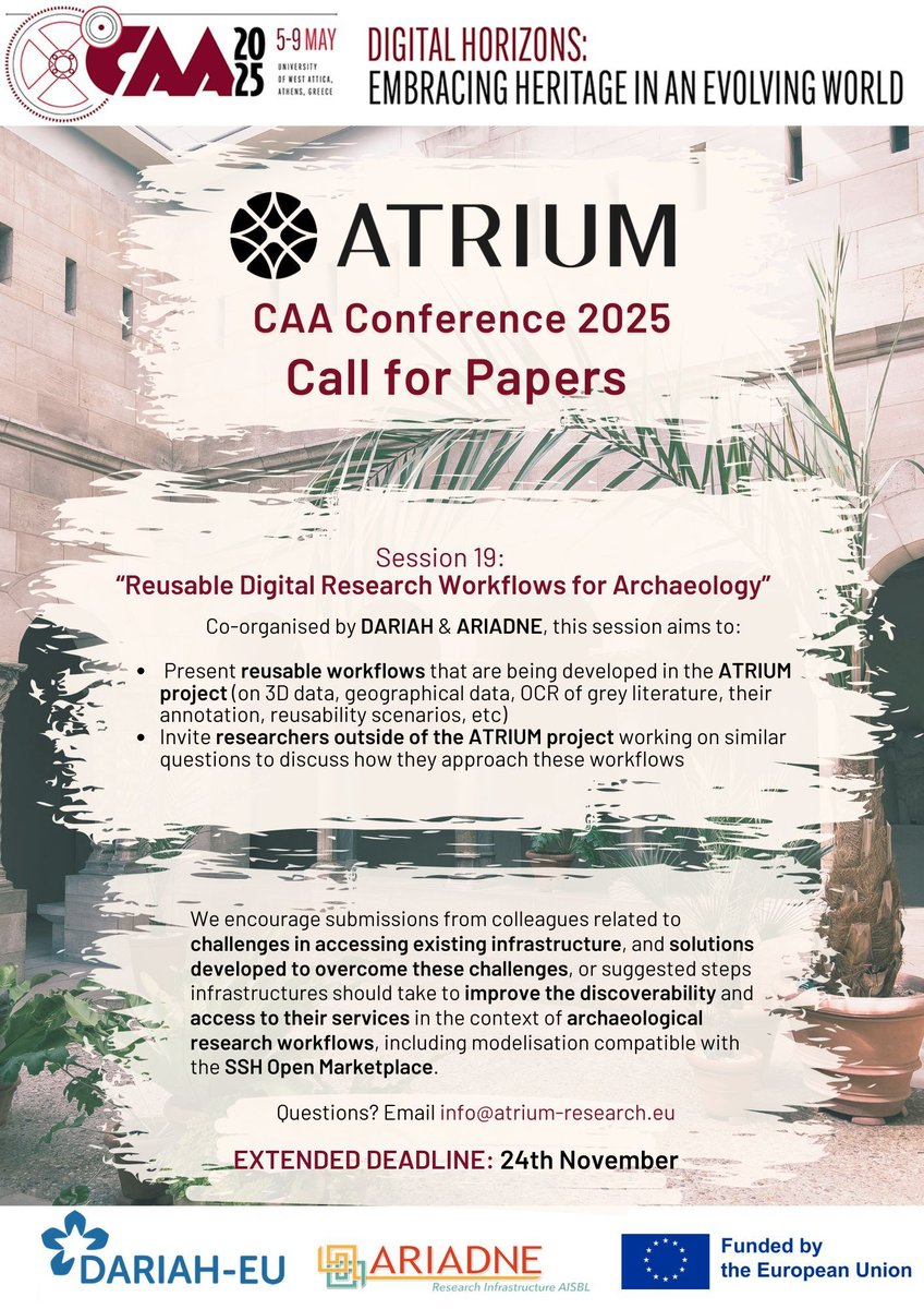 ATRIUM Research | @atrium-eu.bsky.social (@atrium_eu) on Twitter photo 📢 DEADLINE EXTENDED: 24th November
Attention all ATRIUM partners, collaborators, friends & beyond! We still need YOUR input for #CAA2025 in Athens! 🫵🏛️🇬🇷
Check out the exciting #CallforPapers for <a href="/CAA_Int/">CAA International</a> 2025 📈
🔸 More: buff.ly/487k77e 📢 DEADLINE EXTENDED: 24th November
Attention all ATRIUM partners, collaborators, friends & beyond! We still need YOUR input for #CAA2025 in Athens! 🫵🏛️🇬🇷
Check out the exciting #CallforPapers for <a href="/CAA_Int/">CAA International</a> 2025 📈
🔸 More: buff.ly/487k77e