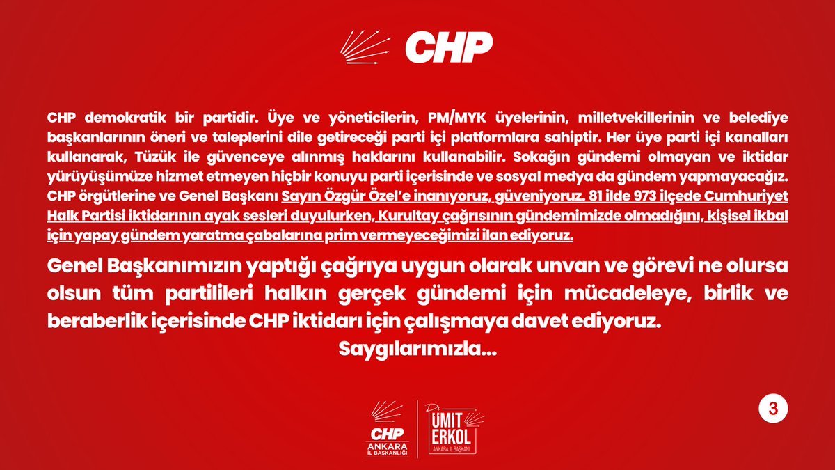 81 il başkanımızdan ortak açıklama:

“CHP örgütlerine ve Genel Başkanımız Sayın Özgür Özel’e inanıyoruz, güveniyoruz. Kurultay çağrısının gündemimizde olmadığını, kişisel ikbal için yapay gündem yaratma çabalarına prim vermeyeceğimizi ilan ediyoruz.”

#CHP #ÖzgürÖzel #İktidar