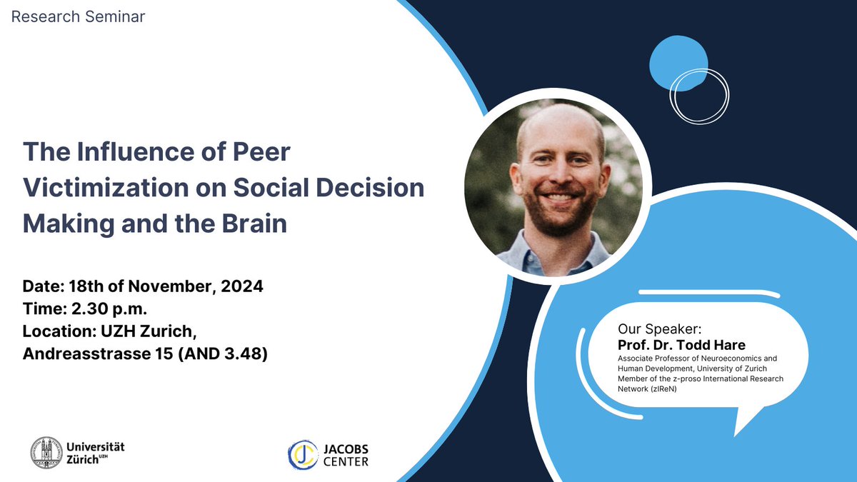 Join our fall #ResearchSeminar held by Prof. <a href="/Todd_A_Hare/">Todd Hare</a> on "The Influence of Peer Victimization on Social Decision Making and the Brain".
🗓️ November 18th, 2.30 p.m., Andreasstrasse 15 in Zurich, AND 3.48. Everyone is welcome! <a href="/zproso/">z-proso (@z-proso.bsky.social)</a>