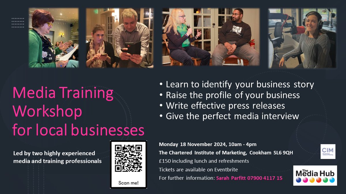 Today's the last day to register for our Media Training Workshop <a href="/cim_marketing/">CIM</a> in #Cookham on November 18th: eventbrite.co.uk/e/media-traini…
<a href="/bbfuk/">Buckinghamshire Business First</a> <a href="/BucksSkillsHub/">Buckinghamshire Skills Hub</a> <a href="/curly_radio/">Pippa</a> <a href="/GoyalsMHead/">Goyals Maidenhead</a> <a href="/Inkspotpub/">Inkspot Publishing</a> <a href="/BizXmagazine/">Biz X magazine</a> <a href="/MyMarlowUK/">MyMarlow.co.uk</a> <a href="/cookham/">Cookham Community</a> <a href="/BizBuzzBucks/">Business Buzz Bucks Networking</a> <a href="/TValleyChamber/">ThamesValleyChamber</a> <a href="/CharityComms/">CharityComms</a>