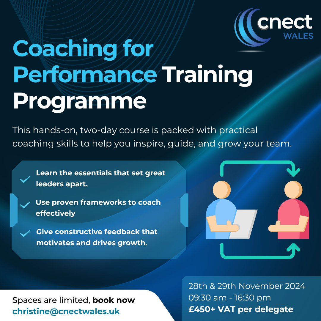 cnectwales's tweet image. Unlock the power of coaching with this dynamic two-day Coaching for Performance programme, designed to transform your leadership impact. 

Empower yourself with the skills to lead with purpose and drive real results.

#Leadership #CoachingForPerformance #EmpowerYourTeam