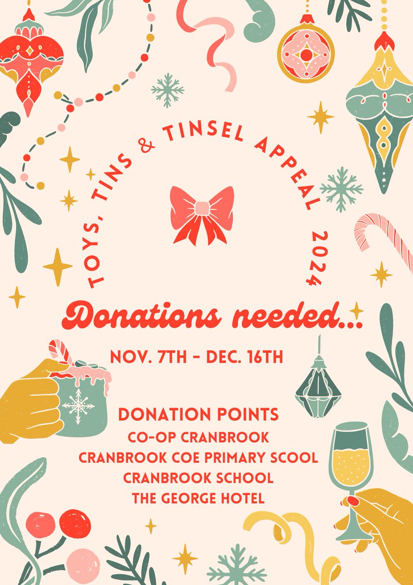 SchoolCranbrook's tweet photo. The CSPA are delighted to support the Toys, Tins &amp; Tinsel Appeal again this year, helping families in Cranbrook and the surrounding areas. See below for a list of items requested. These can be left in the hall cupboard in Barham, at the Co-op or in the George Hotel.
Thank you. https://t.co/2nvBfRWcKh