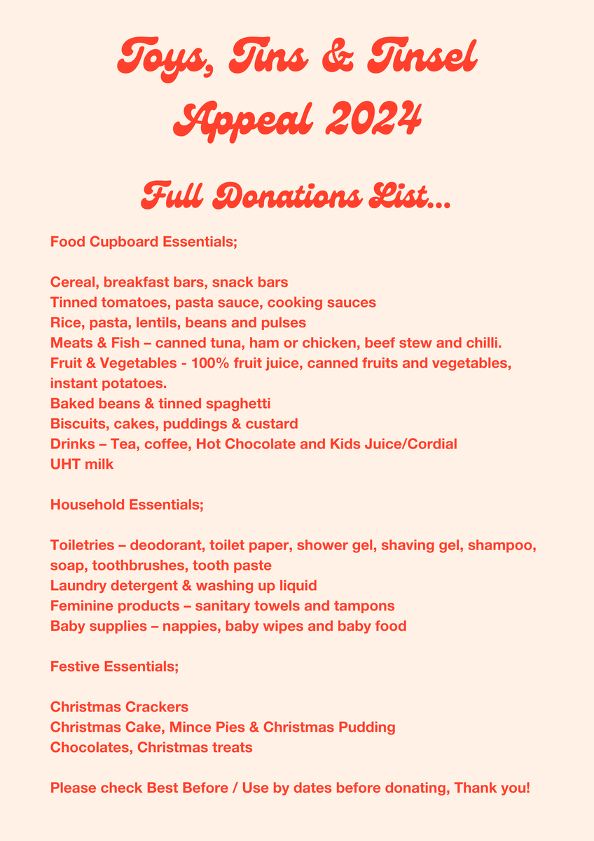 SchoolCranbrook's tweet photo. The CSPA are delighted to support the Toys, Tins &amp; Tinsel Appeal again this year, helping families in Cranbrook and the surrounding areas. See below for a list of items requested. These can be left in the hall cupboard in Barham, at the Co-op or in the George Hotel.
Thank you. https://t.co/2nvBfRWcKh