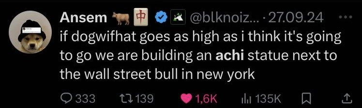 <a href="/TheCryptoDog/">The Crypto Dog 📈</a> Dont understand how $WIF is $3b and $ACHI isnt even $1m. 

Both represent Achi dog but Wif uses a hat.

Nevertheless, we are here for the Achi statue NY!

<a href="/Achicoinsol/">ACHI</a>