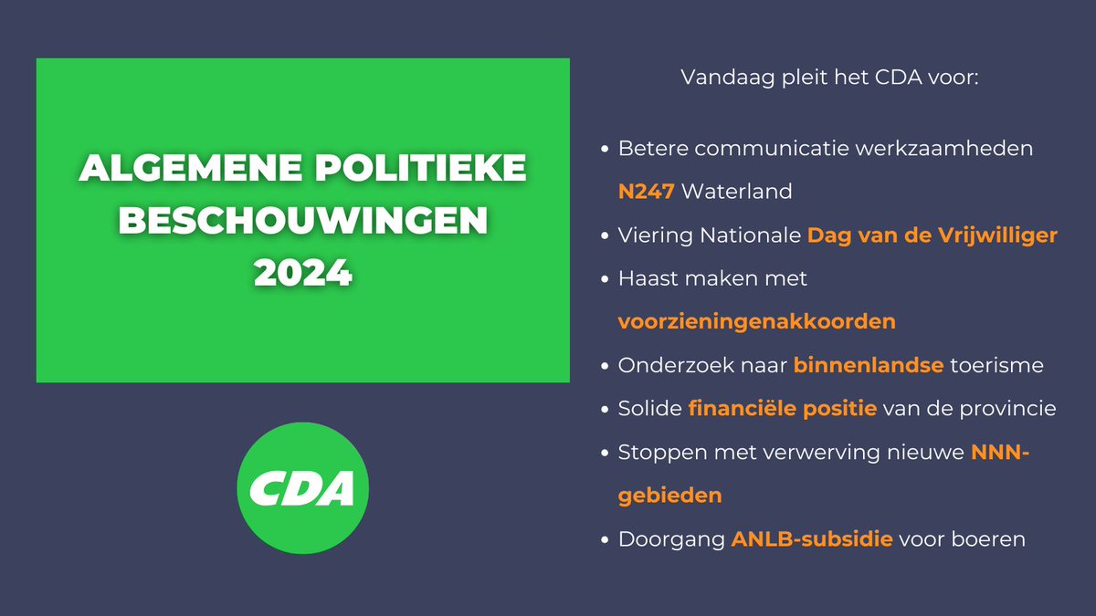 CDANH's tweet photo. Vandaag zijn de Algemene Politieke Beschouwingen in de provincie! Het CDA gaat pleiten voor de volgende onderwerpen:
@WillemienKoning @dennisheij #N247 #vrijwilligers #voorzieningen #toerisme #financiënNH #NNN #ANLB https://t.co/JRBM4Vp7I6