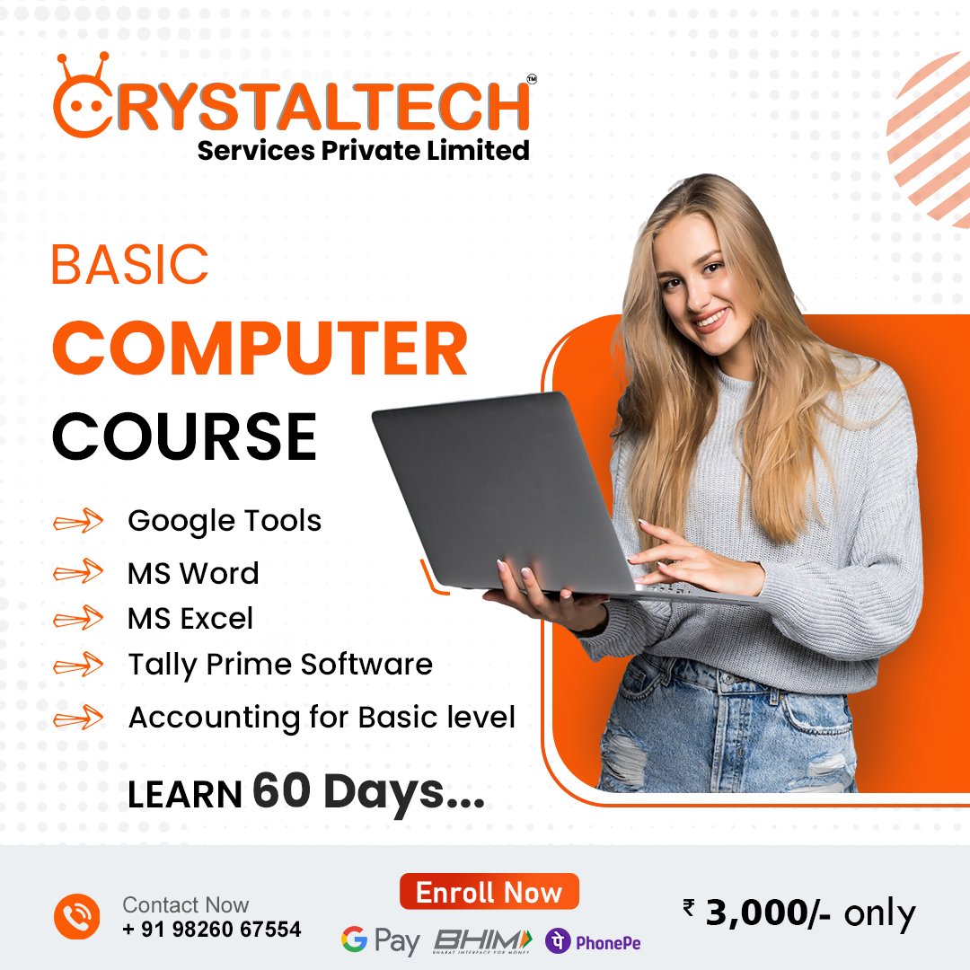 crystaltech_ltd's tweet photo. "Build a strong foundation in computers in just 2 months for only ₹3000! From basics to essential skills, this course has it all."#tallyerptrainer #googlesheettrainer #digitalmarketingtrainer #maretingtrainer #skillstrainer #softskillstrainer #skillstrainer #computertrainer https://t.co/alipOl5DoG