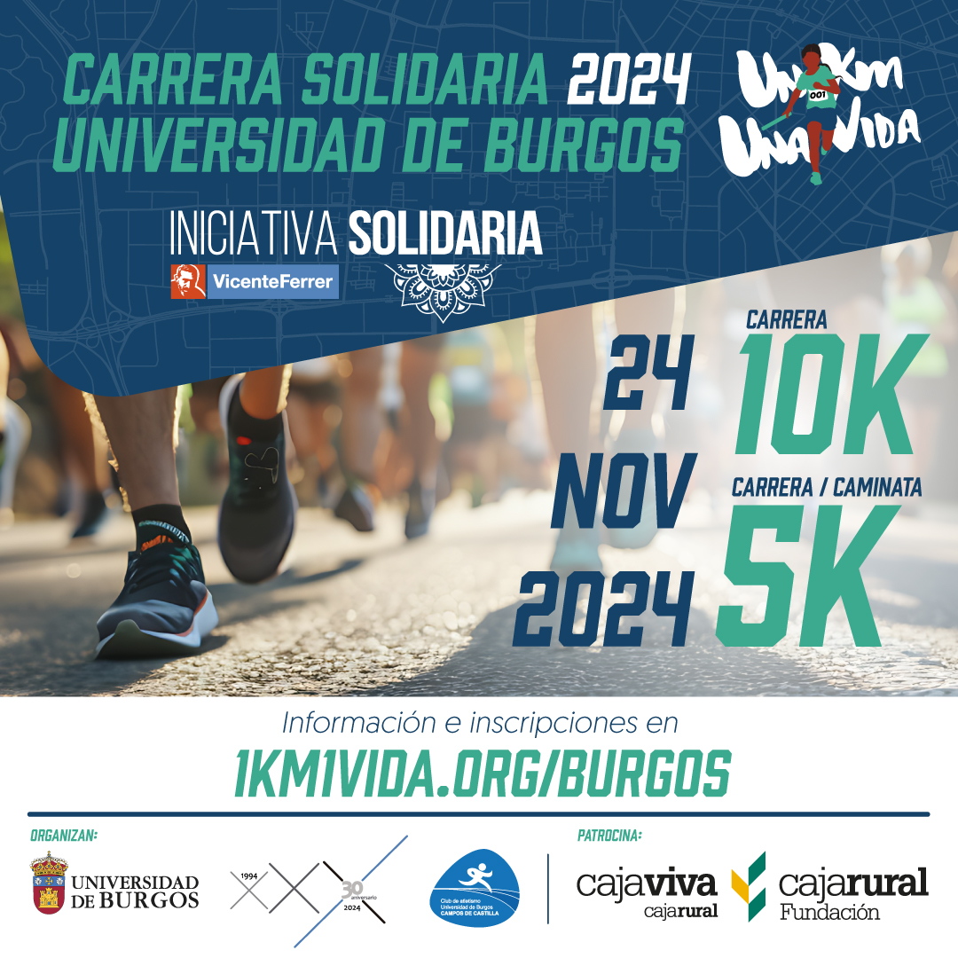 1km1vida's tweet photo. El domingo 24 de noviembre se celebrará la primera edición de la «Carrera Solidaria #1km1vida Universidad de Burgos». Un evento a beneficio de la @fvicenteferrer con dos modalidades disponibles (10k y 5 k).
+Info e inscripciones: https://t.co/QwDJTYqAKk
#VicenteFerrer #Burgos https://t.co/8uxqclIUwH