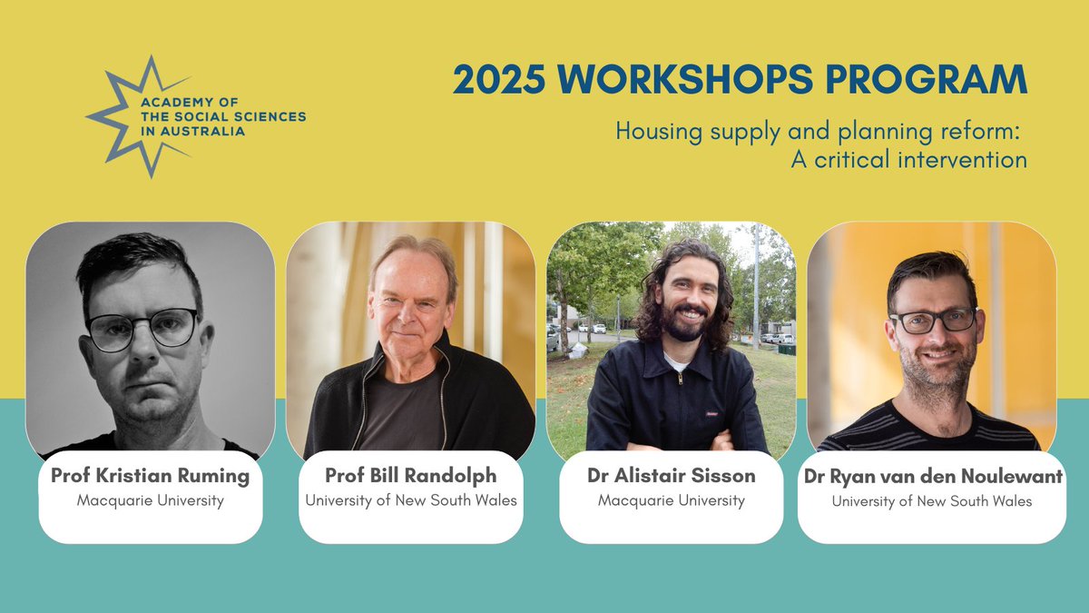 AcadSocSci's tweet photo. Congrats to Prof Kristian Ruming, Prof Bill Randolph, Dr Alistair Sisson &amp; Dr Ryan van den Nouwelant who will host a workshop that will interrogate housing supply discourse + more. https://t.co/WGHg7w8d1H