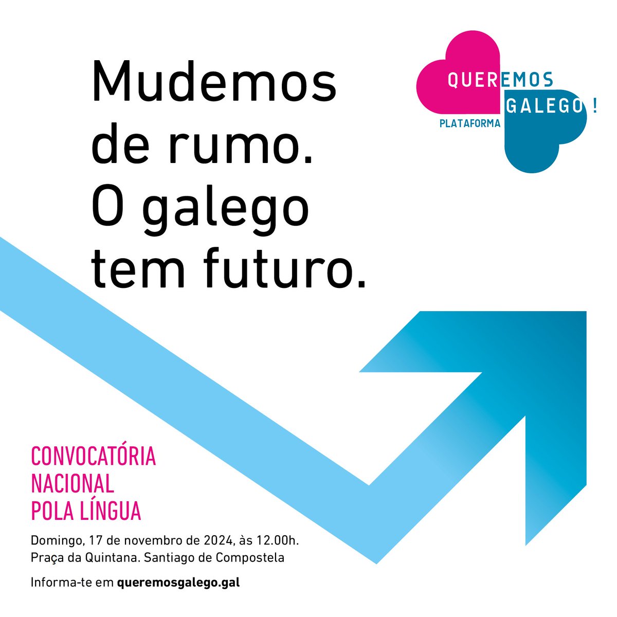 A AGAL apoia a convocatória pola língua de <a href="/QueremosGalego/">Queremos Galego!</a>. 

O galego precisa dum novo rumo, e já existem os consensos para que esse novo rumo seja realidade. Só falta vontade de fazer o caminho. Acompanhas-nos nesta viagem? 🛣️