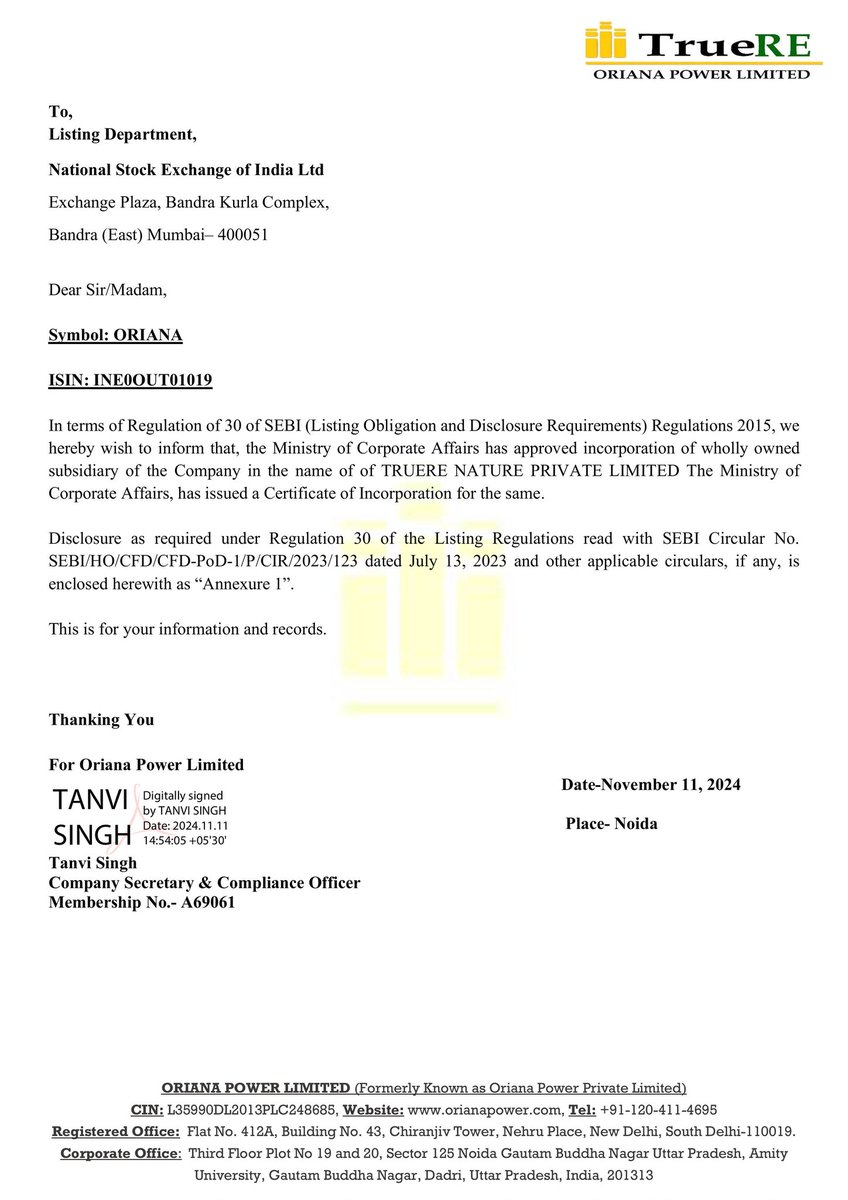 DebajyotiSarmah's tweet photo. Oriana Power Ltd👑
The Co. informed the exchange about the incorporation of a wholly-owned subsidiary, Truere Nature Private Ltd, focusing on power generation, EPC projects, renewable energy consulting✨️
#orianapower #newsubsidiary https://t.co/KeIFLw1ssM