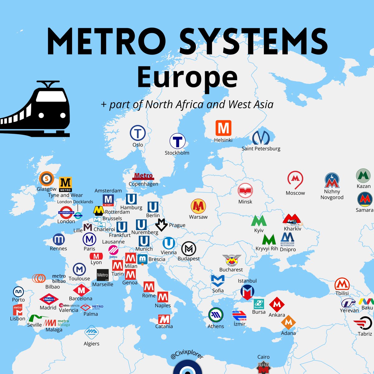 All metro systems in Europe, including parts of North Africa and West Asia.