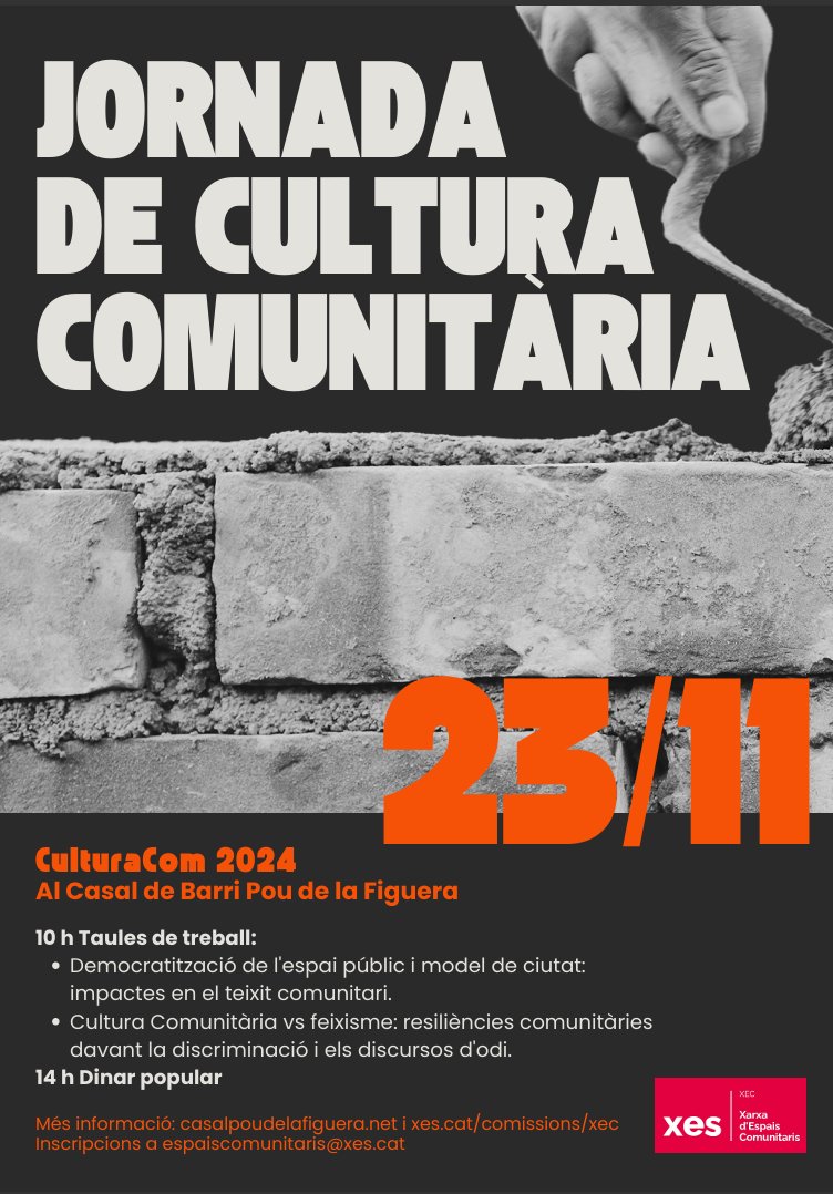 La cultura comunitària té una cita el dissabte 23 de novembre a Barcelona!

Com cada any, la jornada #CulturaCOM abordarà qüestions d'interès per a les xarxes i espais comunitaris

📅Dissabte 23 de novembre
⌚10 del matí
📌Casal Pou de la Figuera (St. Pere Més Baix 70. Barcelona)