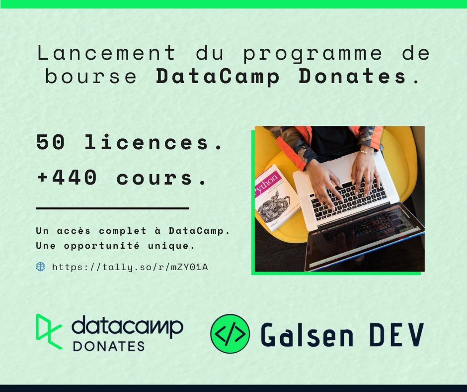 galsendev's tweet photo. 📢 Nous sommes ravis d'annoncer le lancement du programme DataCamp Donates en partenariat avec @DataCamp pour offrir 50 licences d'accès gratuit à leurs formations en science des données, data analytics, intelligence artificielle et plus encore.

#dcdonates #GalsenDEV

⬇️⬇️ https://t.co/XRUttfo0MX