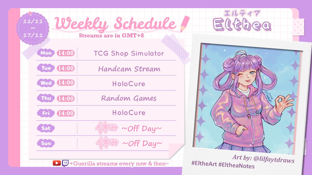 Elthea_notes's tweet photo. 📝Weekly Schedule 11/11~17/11🎀
Handcam stream, continue learning about HoloCure and some random short games for this week✨
#EltheaNotes #VGakuenLIVE https://t.co/4MKjZpu6X2