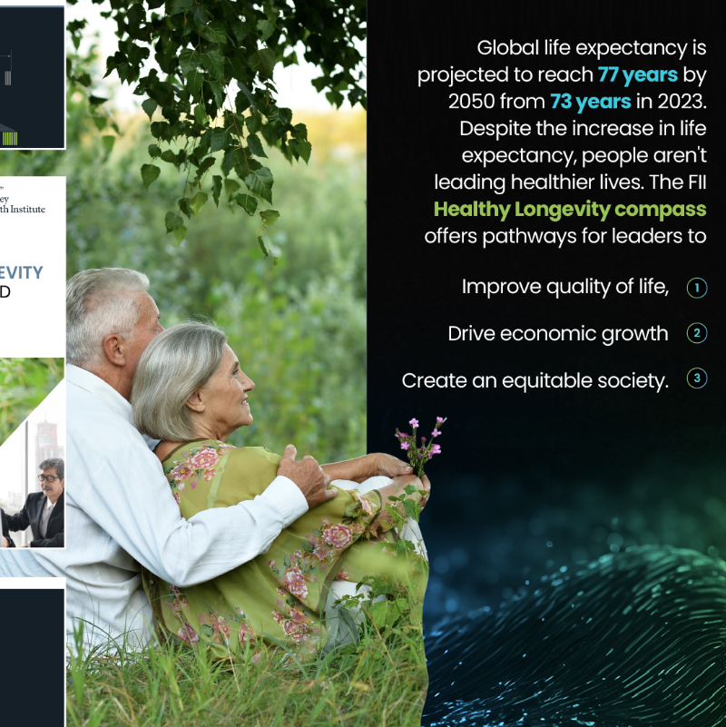 FII_Institute1's tweet photo. The FII Healthy Longevity Compass in collaboration with the @McKinsey Health Institute addresses ongoing #health challenges to unlock significant economic and health benefits through #investment. What steps will you take today for a longer, healthier life? Share below 👇