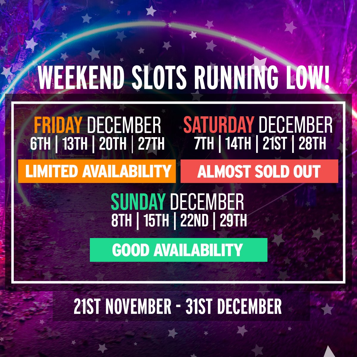 Tickets to Northern Lights Leeds are selling FAST 🎟   

With huge demand for the Yorkshire edition of this must-see winter experience, many dates and time slots are already running low!   

A family fun night under the stars is not to be missed ✨

👉 northernlightsleeds.com