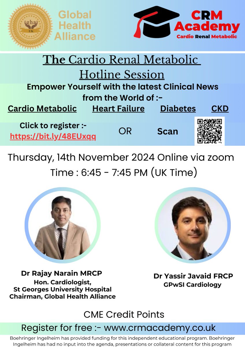 GhaHealth's tweet photo. Empower yourself by Joining Our Cardio Renal Metabolic Hotline Session for Free organized by the CRM Academy. 

Get 2 hrs of CME points for Free

Thursday 14 November 2024 at 6:45 PM (UK Time) 

Register Now: https://t.co/RyHy4G5W9g https://t.co/3aPjbPdxMl