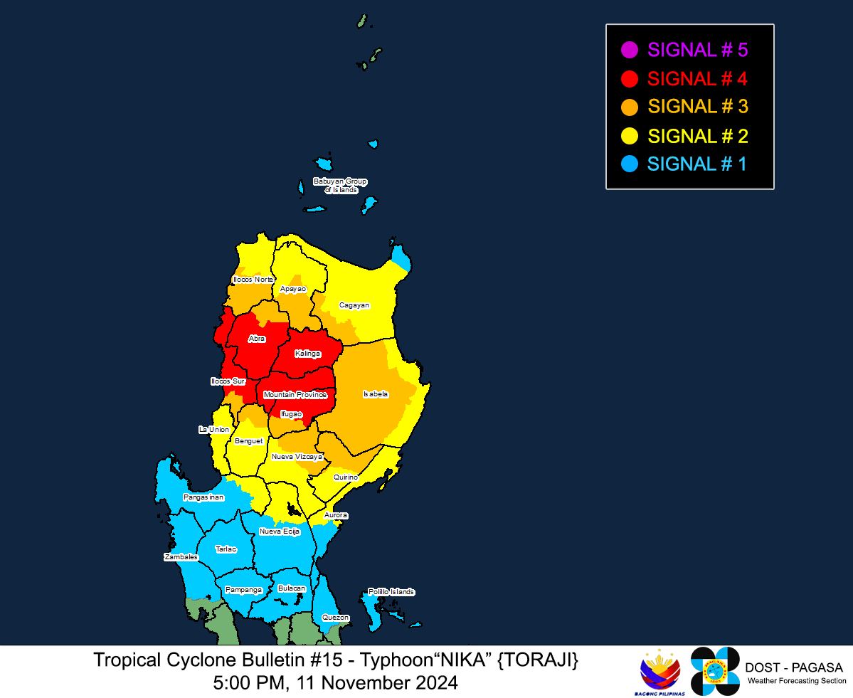 News5PH's tweet photo. Nakataas ang Tropical Cyclone Wind Signals #TCWS sa mga sumusunod na lugar sa bansa dahil sa Typhoon #NikaPH, base sa 5 p.m. DOST-PAGASA update ngayong Lunes, Nov. 11. #News5
TCWS No. 4
β’ Kalinga
β’ Mountain Province
β’ Northern portion of Ifugao https://t.co/0u1dbMorTm