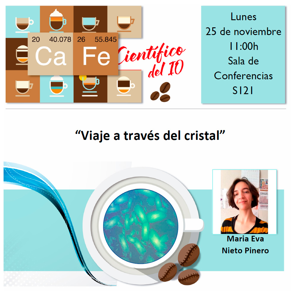 Nuestro próximo café científico del IO-CSIC será el lunes 25 con la charla “Viaje a través del cristal” de nuestra compañera <a href="/KimiSurrealist/">Maeva 👁️</a> del grupo <a href="/LPG_CSIC/">Laser Processing Group - IO, CSIC</a>.