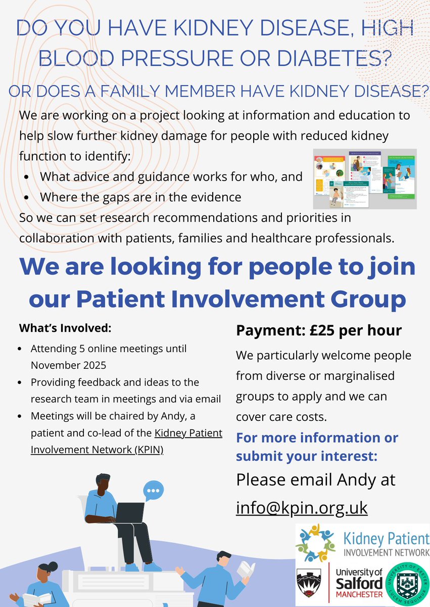 Dr Hema Chaplin (@hemachaplin) on Twitter photo Do you have #kidneydisease (or a family member with #CKD), #highbloodpressure or #diabetes ? Join our Patient Involvement Group to share your views and help shape our research! Please email info@kpin.org.uk if interested / kpin.org.uk #PPIE #PatientInvolvement Do you have #kidneydisease (or a family member with #CKD), #highbloodpressure or #diabetes ? Join our Patient Involvement Group to share your views and help shape our research! Please email info@kpin.org.uk if interested / kpin.org.uk #PPIE #PatientInvolvement