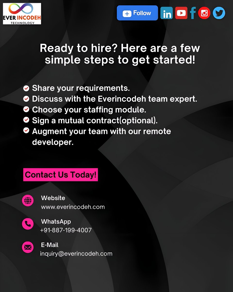 everincodeh's tweet photo. Why Choose Dedicated Developers from Everincodeh Technology?
Here are five key reasons:
1. Scalable Workforce
2. Skilled Developers
3. Flexible Staffing
4. Global Availability
5. Client Satisfaction
#DedicatedDevelopers #america #europe #oceania #everincodehtechnology https://t.co/XeMkM9H236