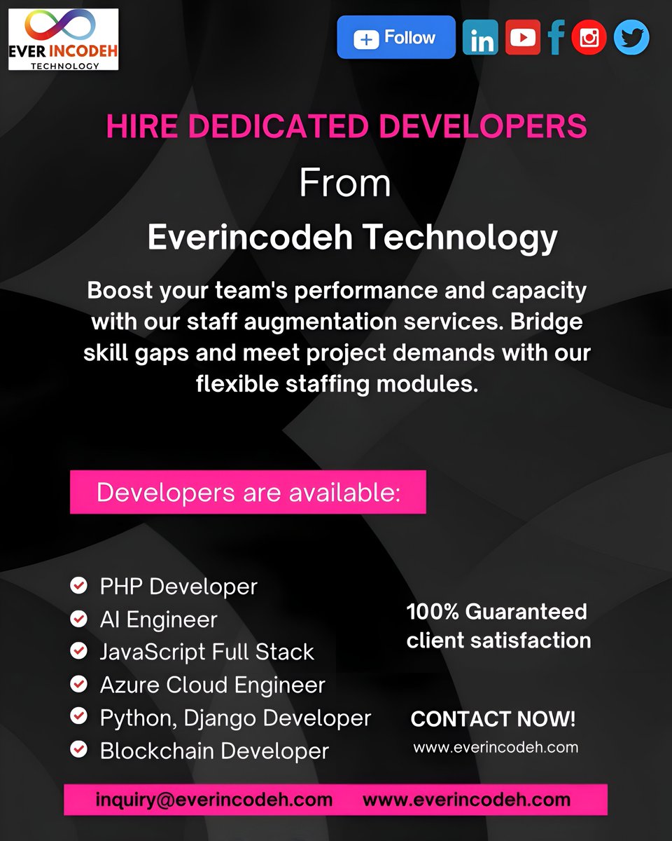 everincodeh's tweet photo. Why Choose Dedicated Developers from Everincodeh Technology?
Here are five key reasons:
1. Scalable Workforce
2. Skilled Developers
3. Flexible Staffing
4. Global Availability
5. Client Satisfaction
#DedicatedDevelopers #america #europe #oceania #everincodehtechnology https://t.co/XeMkM9H236