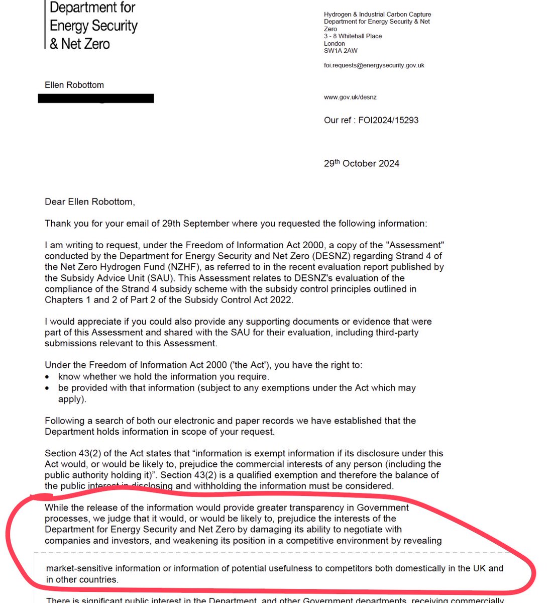 This is very fishy.
<a href="/energygovuk/">Department for Energy Security and Net Zero</a> has refused an FOI request from <a href="/campaigncc/">Campaign against Climate Change</a>, asking for the Gov’s 'Assessment' justifying why £22 billion of public money should be paid to oil companies for carbon capture.
Hiding behind ‘commercial sensitivity’.
<a href="/Andrew9Boswell/">Dr Andrew Boswell #ClimateLitigation</a> <a href="/GeorgeMonbiot/">George Monbiot</a>