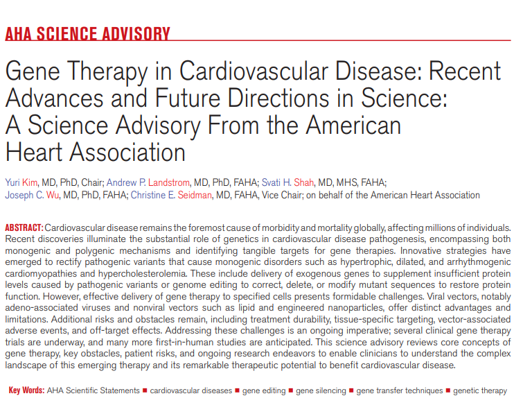 AHA Science (@ahascience) on Twitter photo CVD is the leading cause of 🌏 morbidity & mortality.
Many are caused by damaging DNA 🧬 variants and require lifelong treatments that mitigate but do not cure disease.
This advisory looks at gene therapies to treat CVD.
✍🏼: <a href="/yurikim_mdphd/">Yuri Kim</a> @APLandstrom <a href="/SvatiShah/">Svati Shah</a> <a href="/Joseph_C_Wu/">Joseph C Wu, MD, PhD</a> CVD is the leading cause of 🌏 morbidity & mortality.
Many are caused by damaging DNA 🧬 variants and require lifelong treatments that mitigate but do not cure disease.
This advisory looks at gene therapies to treat CVD.
✍🏼: <a href="/yurikim_mdphd/">Yuri Kim</a> @APLandstrom <a href="/SvatiShah/">Svati Shah</a> <a href="/Joseph_C_Wu/">Joseph C Wu, MD, PhD</a>