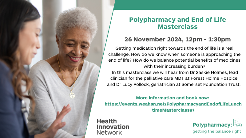 Getting medication right towards the end of life is a real challenge. How do we know when someone is approaching the end of life? How do we balance potential benefits and burden? Learn more in our #Polypharmacy masterclass, 26 Nov 12-1:30pm.
Book here: events.weahsn.net/Polypharmacyan…