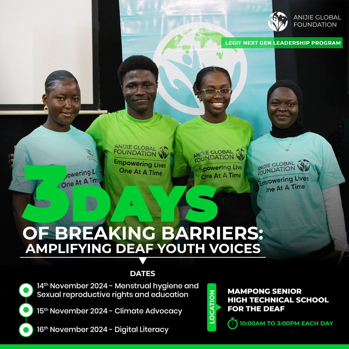 AnijieGlobal's tweet photo. Breaking Barriers, Amplifying Voices! 

Join our LEGIT Next GEN Leaders for 3 transformative days as deaf youth champions lead the charge for inclusive development. 

#AnijieGlobalFoundation #LegitNGL #LEGITNextGenLeaders #YouthEmpowerment #LeaveNoOneBehind #SDGs #YouthAction https://t.co/JtFw0bju8K