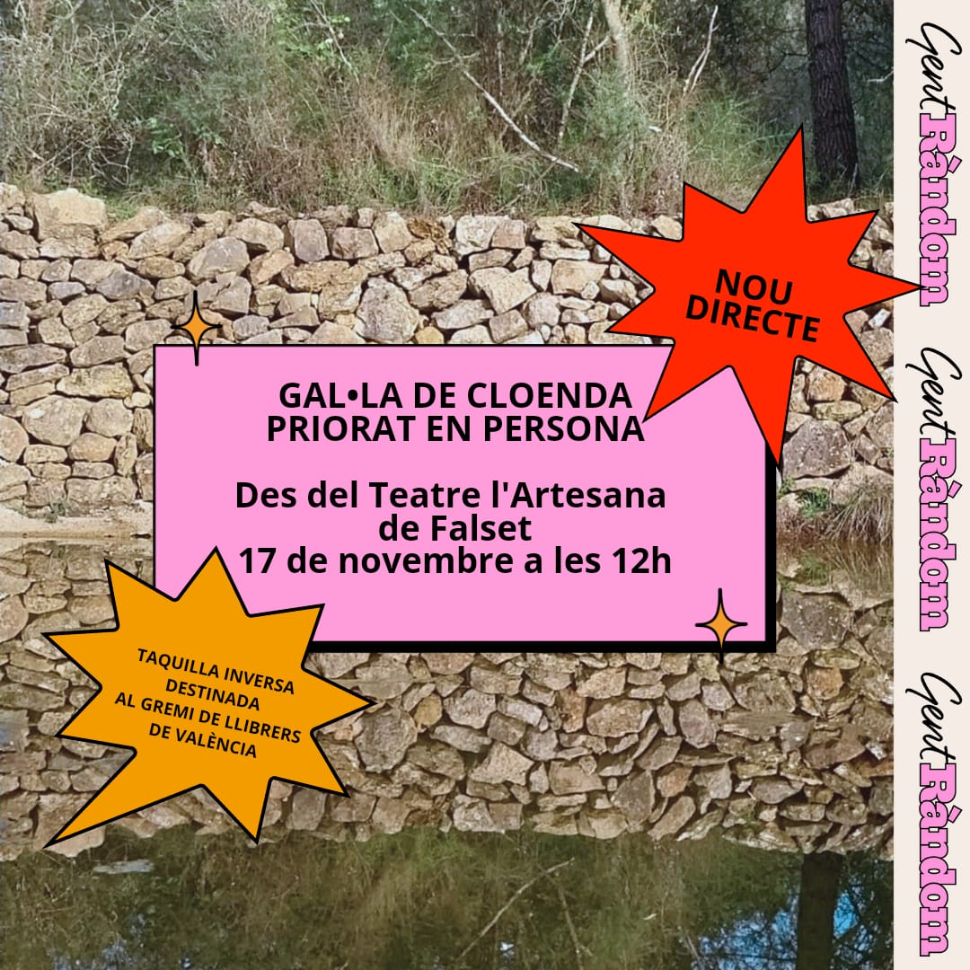 gentrandom's tweet photo. El diumenge 17 de novembre serem a Falset en la cloenda del «Priorat en persona», amb el @centrequimsoler. Serà un directe amb taquilla inversa on tots els beneficis seran per al @GremiLlibrers, que ha fet un compte per recollir diners per a les llibreries afectades per la DANA. https://t.co/eYC9nC0f1k