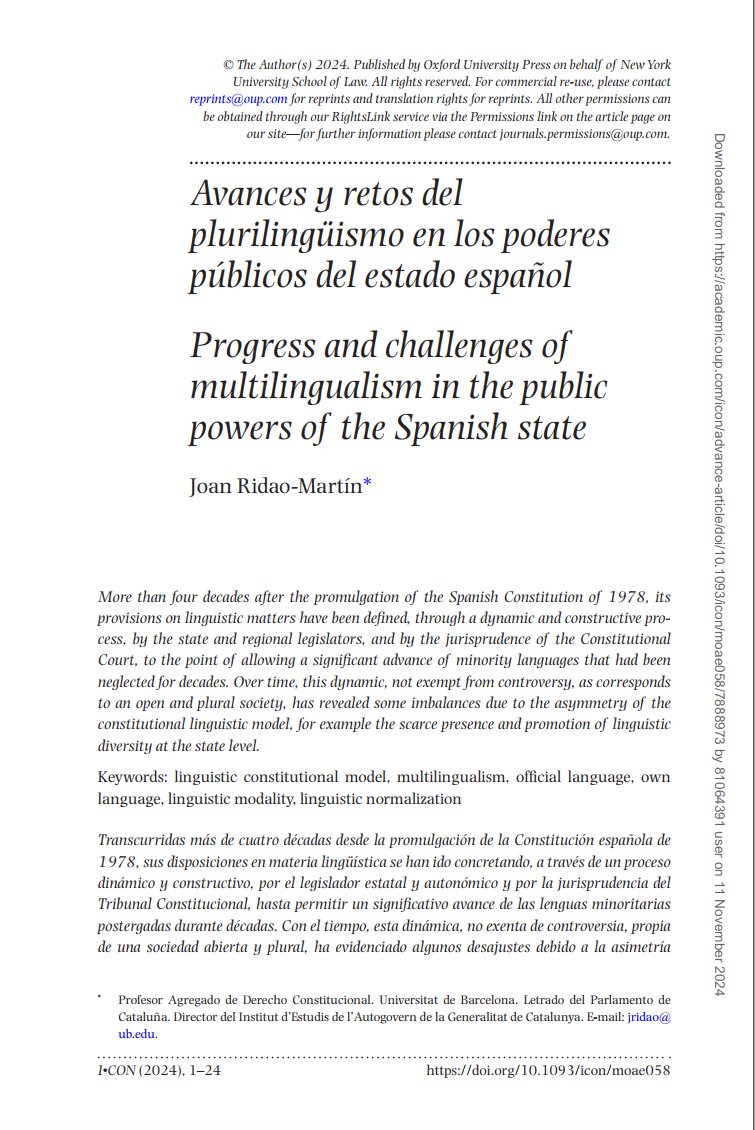 Acabo de publicar un article a la International Journal of Constitutional Law (Oxford Universitiy Press)
Sobre el plurilingüisme als poders públics de l’Estat. Un balanç desigual.
academic.oup.com/icon/advance-a…