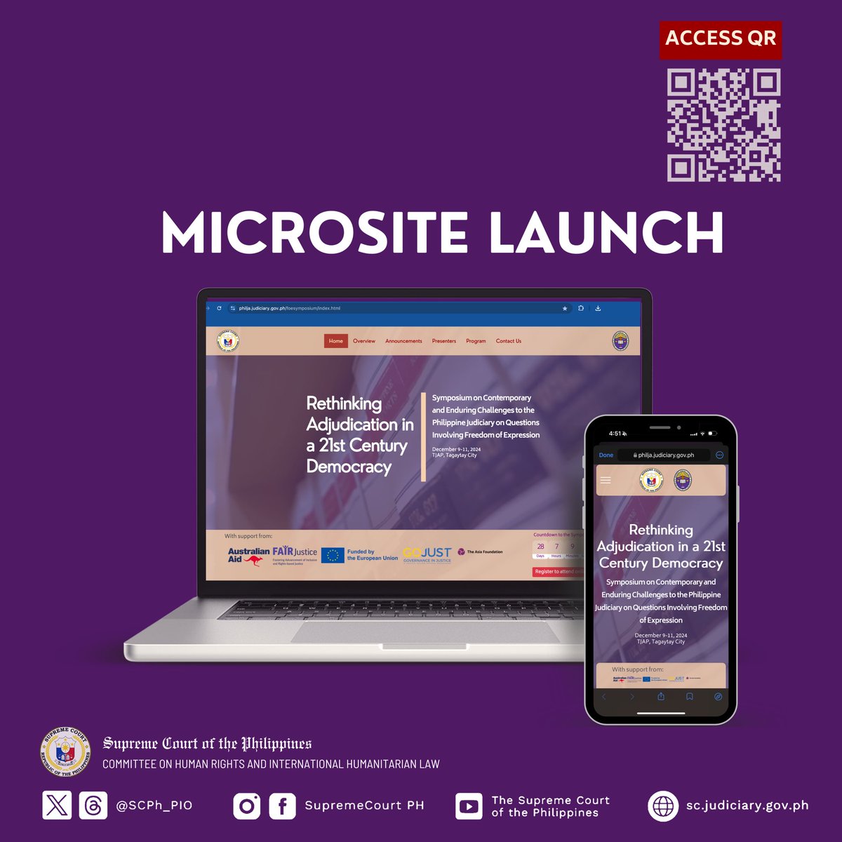 SCPh_PIO's tweet photo. We’re thrilled to announce the launch of the microsite for the #FreedomofExpression symposium.

Explore https://t.co/z997eI5igS to know more about the #SupremeCourtPH's first #HumanRights Symposium and our speakers. In the next few days, we will also announce through the microsite the first set of presenters who will share their insights on the exercise of freedom of expression in the Philippines.  

Check out our microsite and learn more about this event. #HumanRights2024